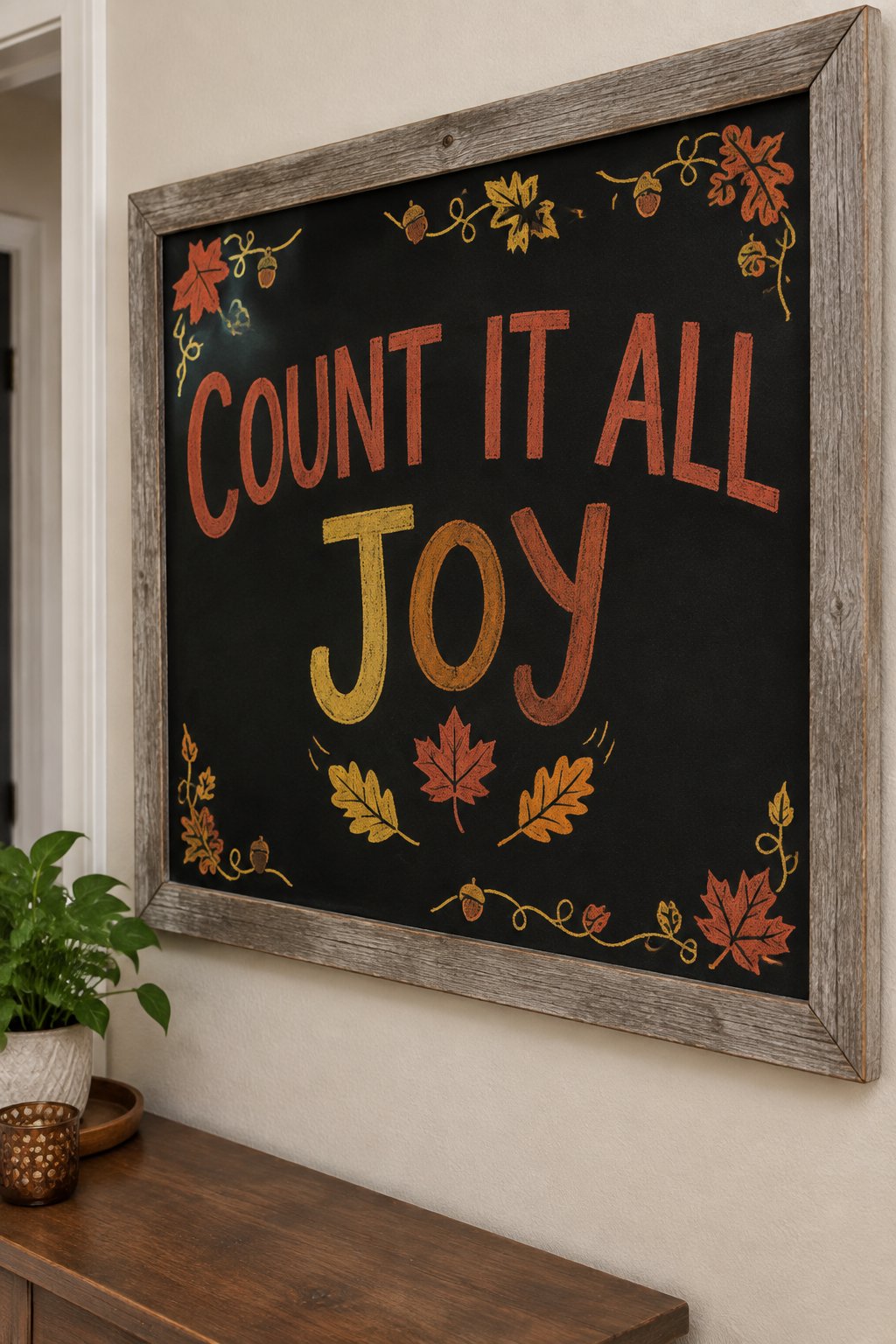 Count It All Joy Board: a framed fall chalkboard sign reading "Count It All Joy", hand-drawn in chalk with three falling leaves in a gentle arc.