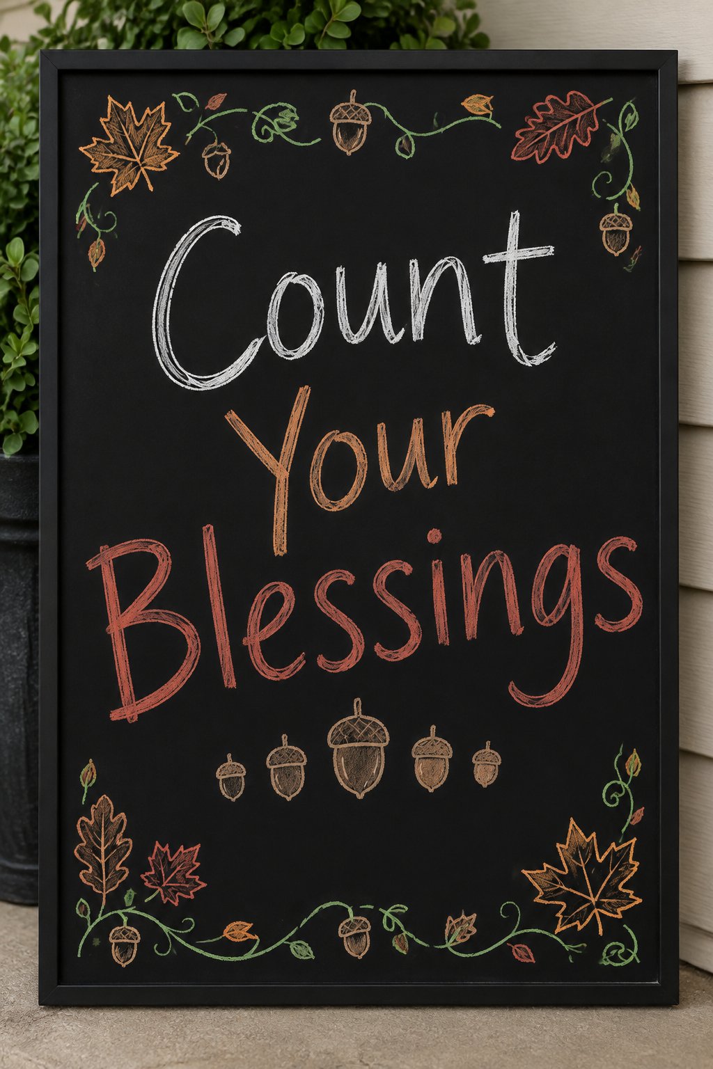Count Your Blessings: a framed chalkboard sign showing "Count Your Blessings", hand-drawn in fall chalk colors, with a small row of acorns, each one a slightly different size.