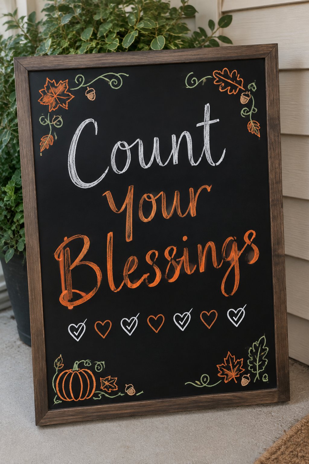 Count Your Blessings: a framed Thanksgiving chalkboard sign reading "Count Your Blessings", hand-drawn in chalk with a row of small hearts, some checked off.