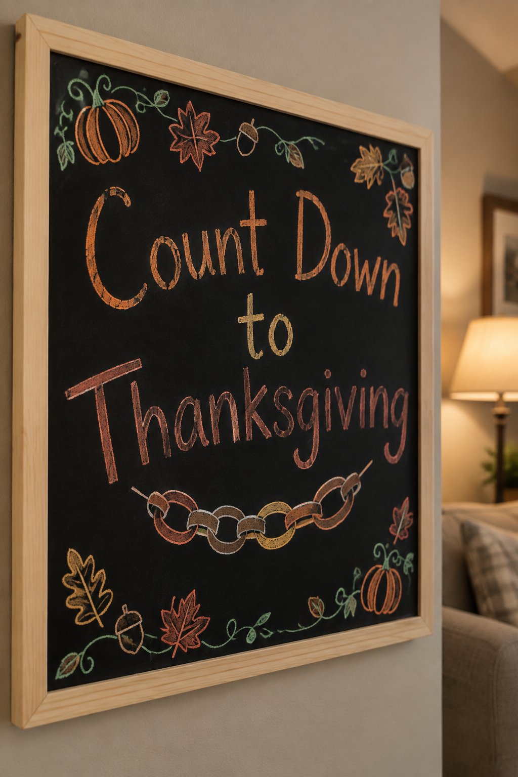 Countdown Chain Board: a framed chalkboard sign showing "Count Down to Thanksgiving", hand-drawn in fall chalk colors, with a short paper-chain doodle of five looped links hanging beneath the words.