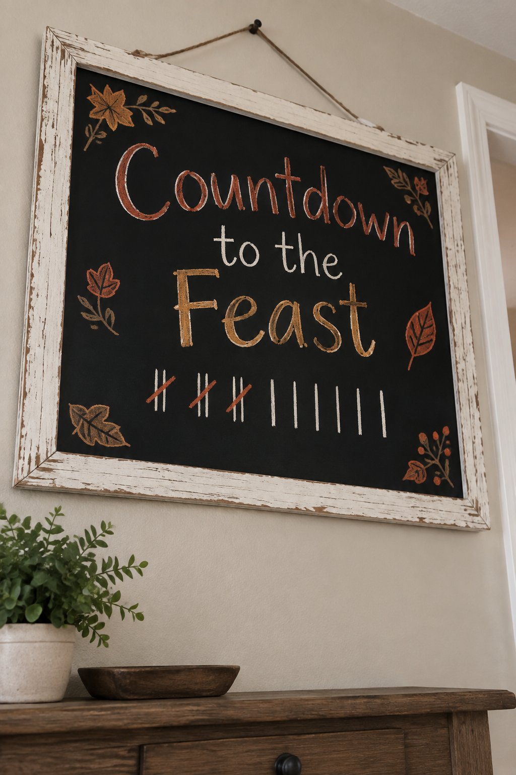Countdown to the Feast: a framed chalkboard sign showing "Countdown to the Feast", hand-drawn in fall chalk colors, with a row of ten small tally marks with three crossed off in rust chalk.