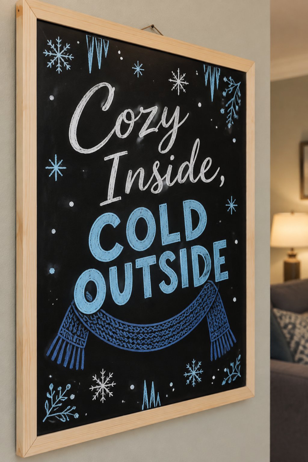 Cozy and Cold Board: a framed winter chalkboard sign reading "Cozy Inside, Cold Outside", hand-drawn in chalk with a knit scarf draped in a loose curve with fringe at both ends.