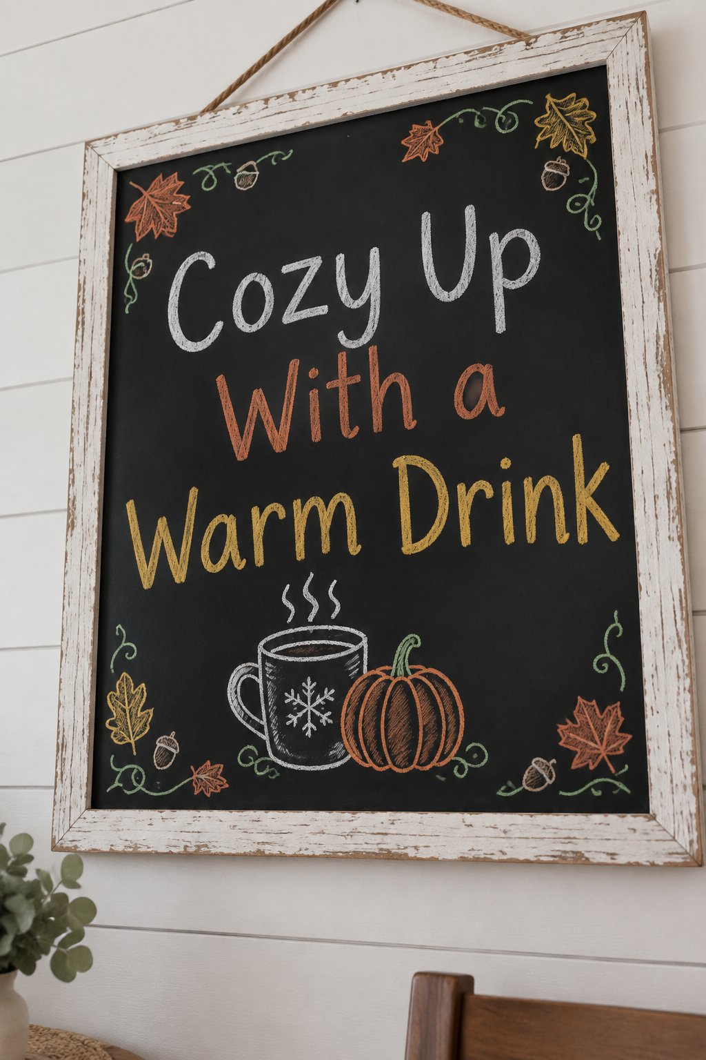 Cozy Coffee Corner: a framed fall chalkboard sign reading "Cozy Up With a Warm Drink", hand-drawn in chalk with a mug tucked beside a small pumpkin.