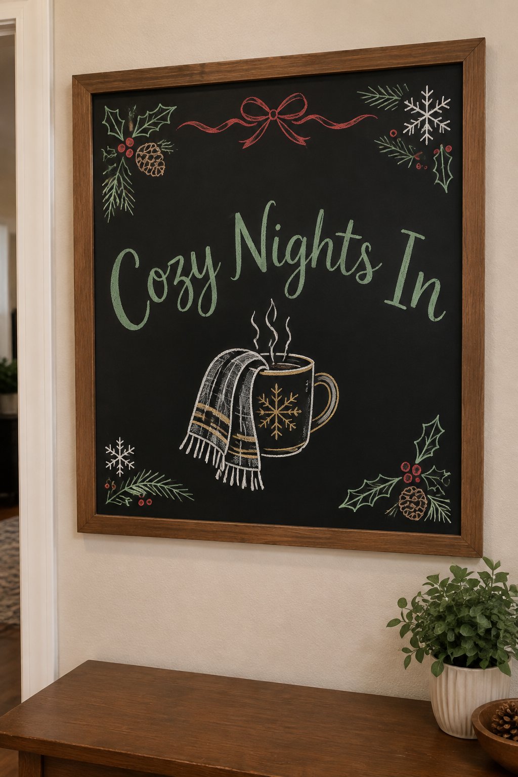 Cozy Nights In: a framed December chalkboard sign reading "Cozy Nights In", hand-drawn in chalk with a folded blanket draped over the corner of a mug.