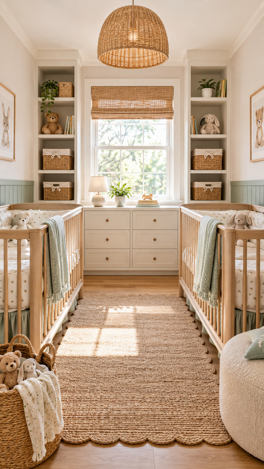 A cozy reading nook in a twins' nursery with plush cushions, soft blankets, and warm wooden accents.