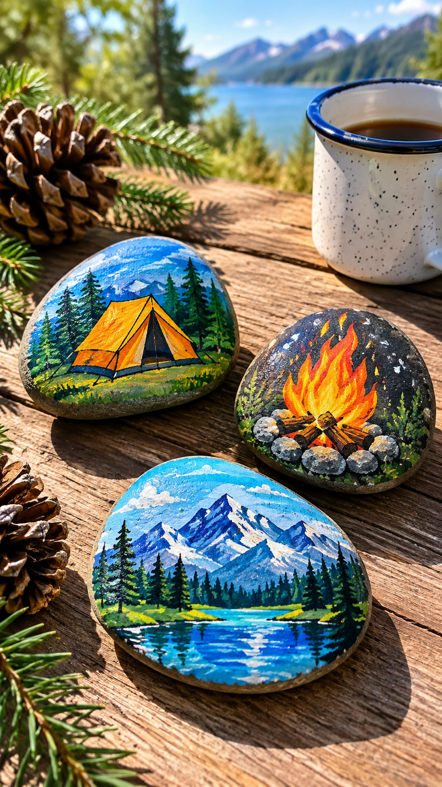 A painted rock featuring a cozy blue sleeping bag beneath a starry night sky.