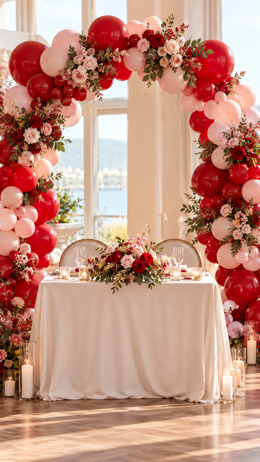 A red balloon arch decorated with Cupid arrow accents and shimmering gold details for a romantic Valentine’s Day celebration.