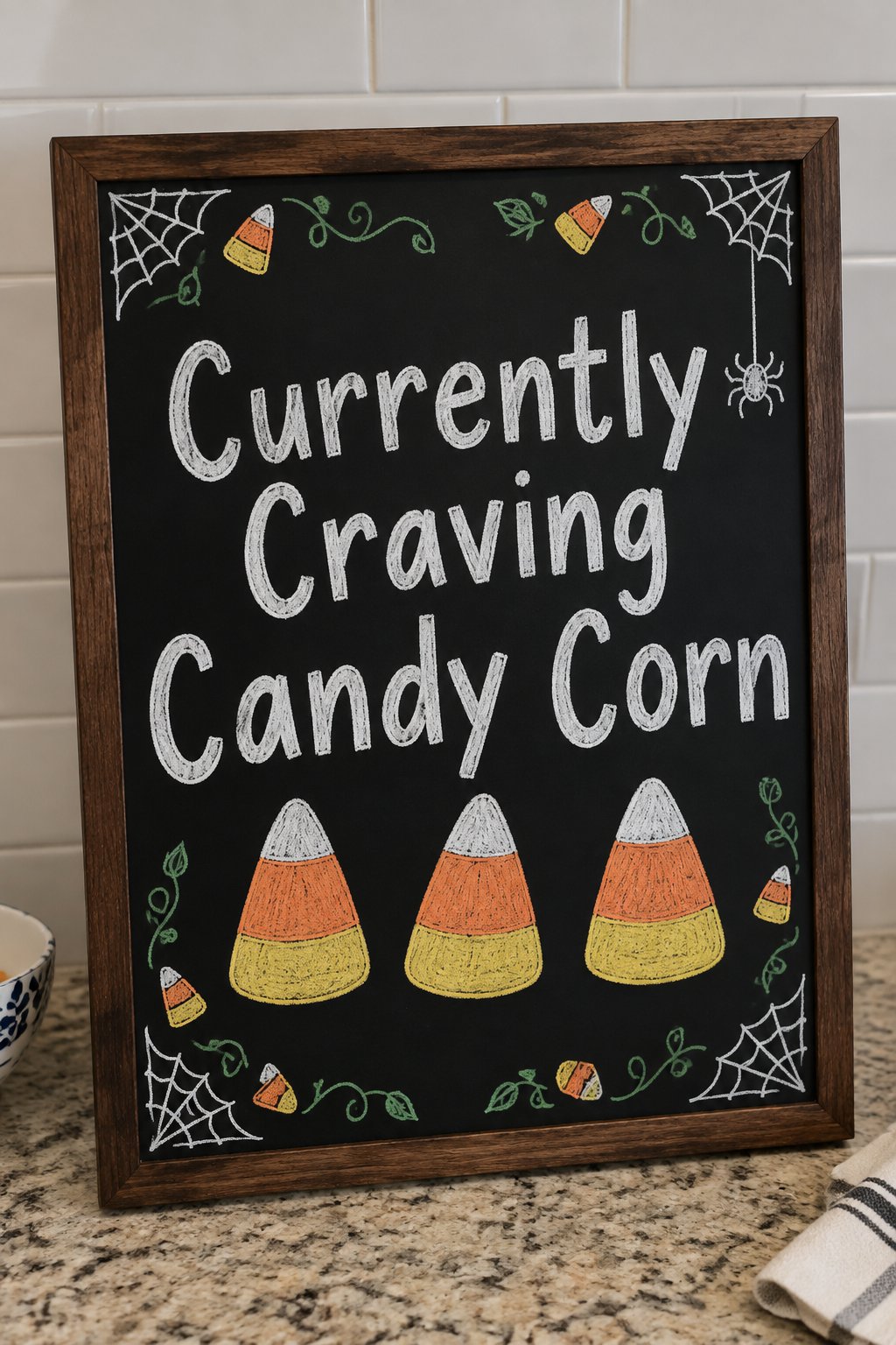 Currently Craving Candy Corn: a framed Halloween chalkboard sign reading "Currently Craving Candy Corn", hand-drawn in chalk with three oversized candy corn pieces in a row.