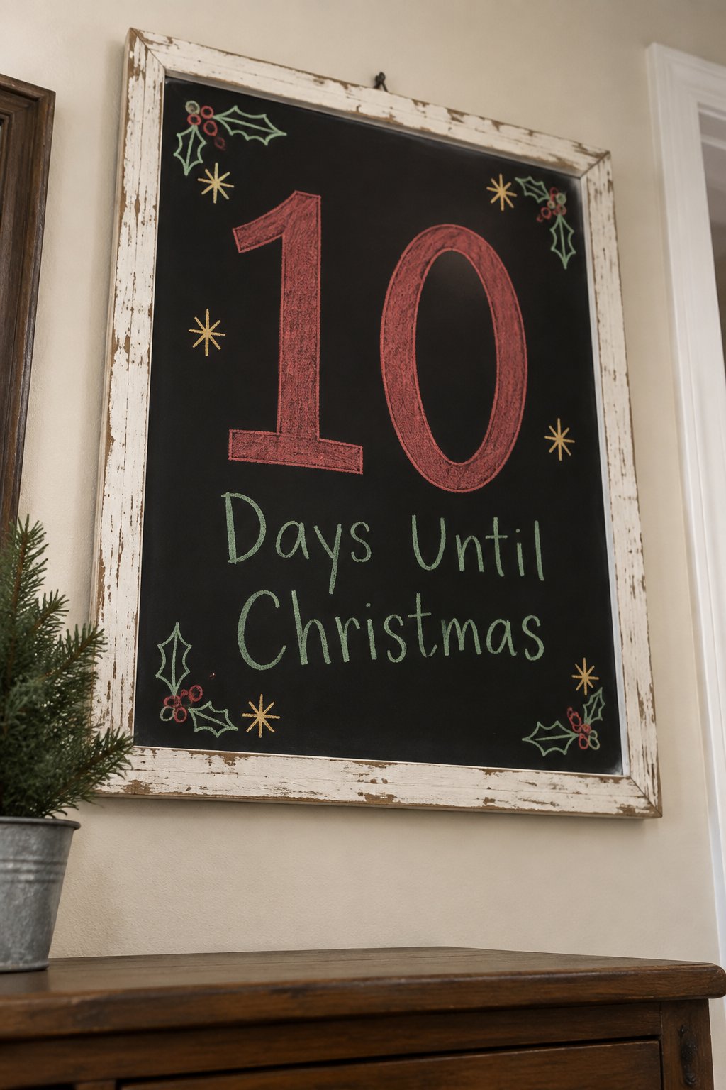 Days Until Christmas: a framed chalkboard sign showing "10", hand-drawn in white, deep red, sage green and gold chalk, with Days Until Christmas.