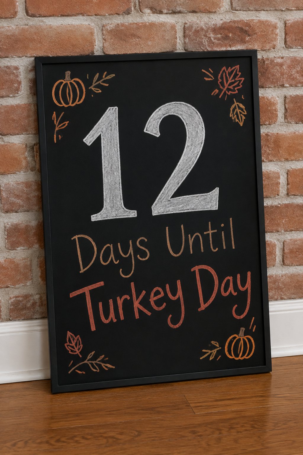 Days Until Turkey Day: a framed chalkboard sign showing "12", hand-drawn in fall chalk colors, with Days Until Turkey Day.