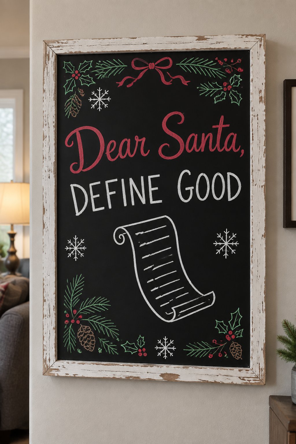 Dear Santa, Define Good: a framed Christmas chalkboard sign reading "Dear Santa, Define Good", hand-drawn in chalk with a long unrolled list scroll.