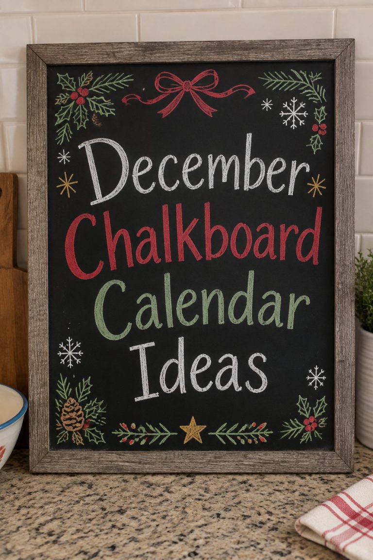 A framed chalkboard sign reading "December Chalkboard Calendar Ideas", hand-drawn in white, deep red, sage green and gold chalk.