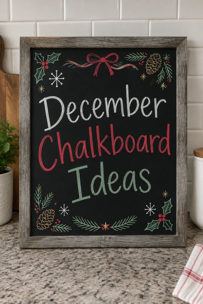 December Chalkboard Ideas: a framed chalkboard sign reading "December Chalkboard Ideas", hand-drawn in white, red, sage green and gold chalk.