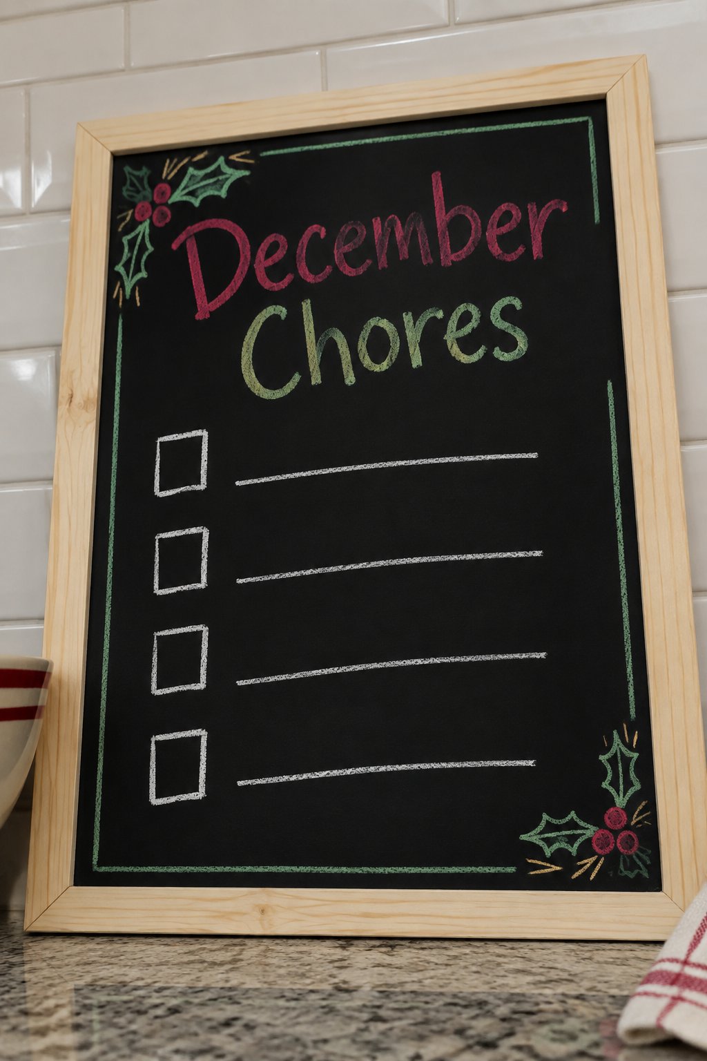 December Chore Chart: a framed chalkboard sign showing "December Chores", hand-drawn in white, deep red, sage green and gold chalk, with four empty checkbox squares in a column beside four blank lines