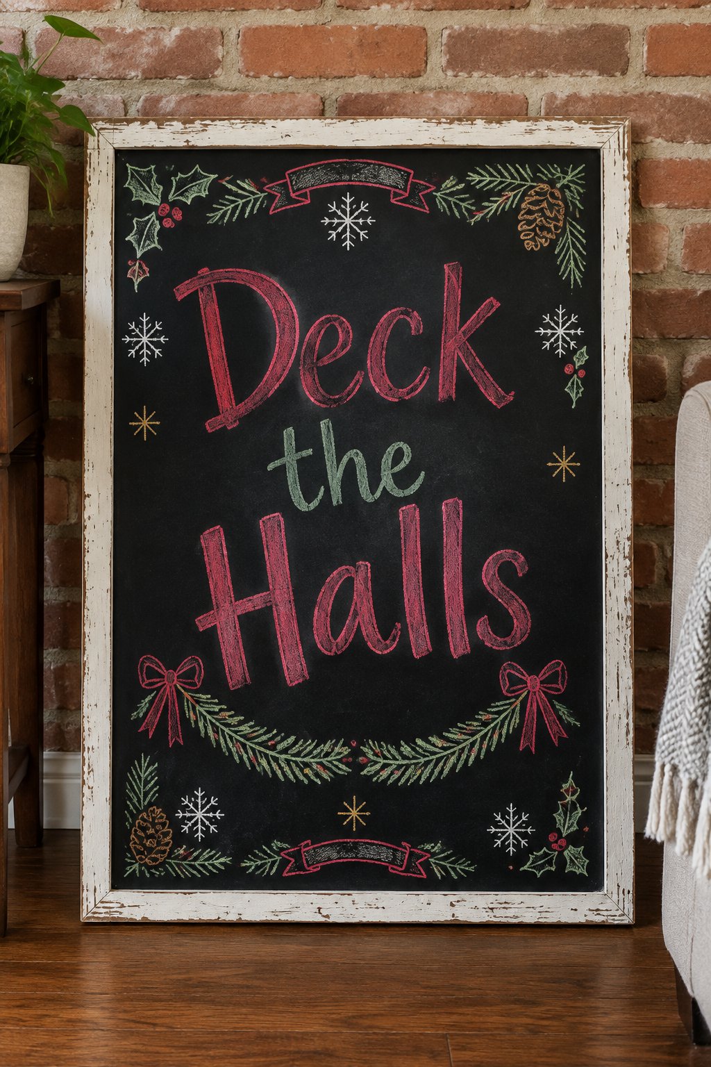 Deck the Halls: a framed chalkboard sign reading "Deck the Halls", hand-drawn in chalk with a swag of garland with a bow at each end.