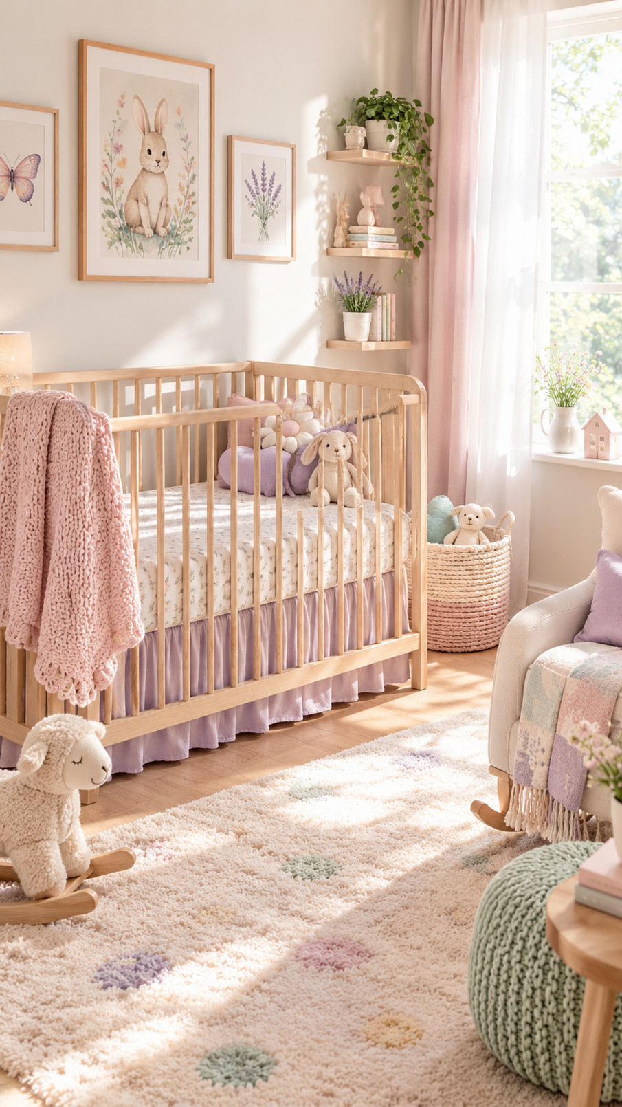 A pastel star garland with pink, cream, and lavender stars decorating a dreamy nursery wall.