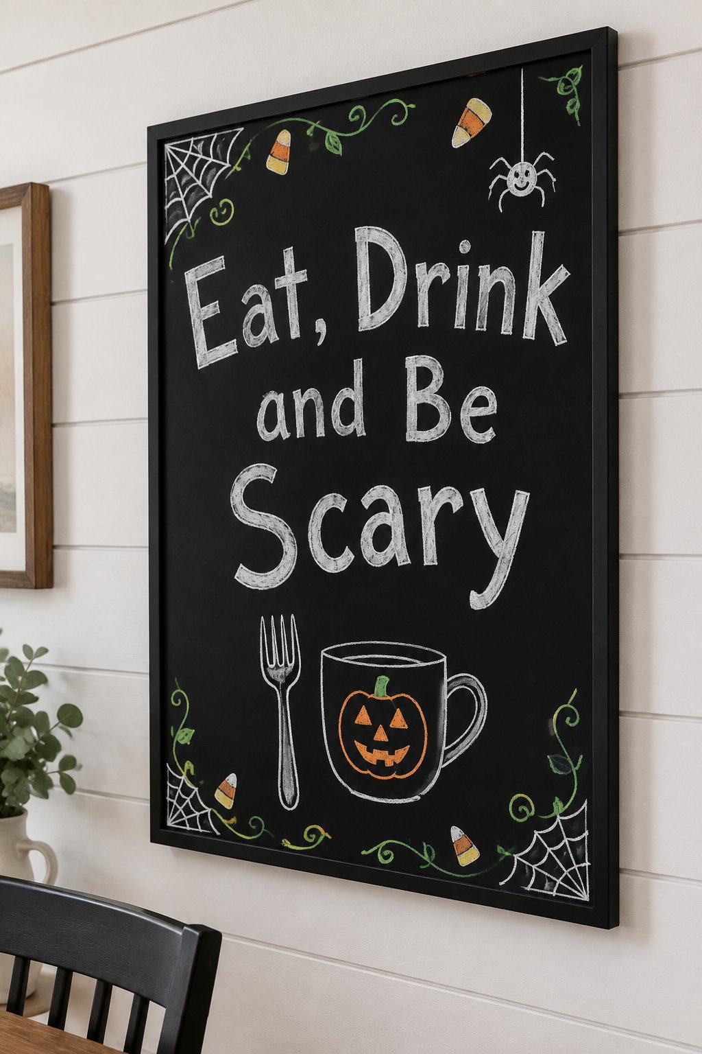 Eat Drink and Be Scary: a framed Halloween chalkboard sign reading "Eat, Drink and Be Scary", hand-drawn in chalk with a fork and a cup with a smiling pumpkin face on the cup.