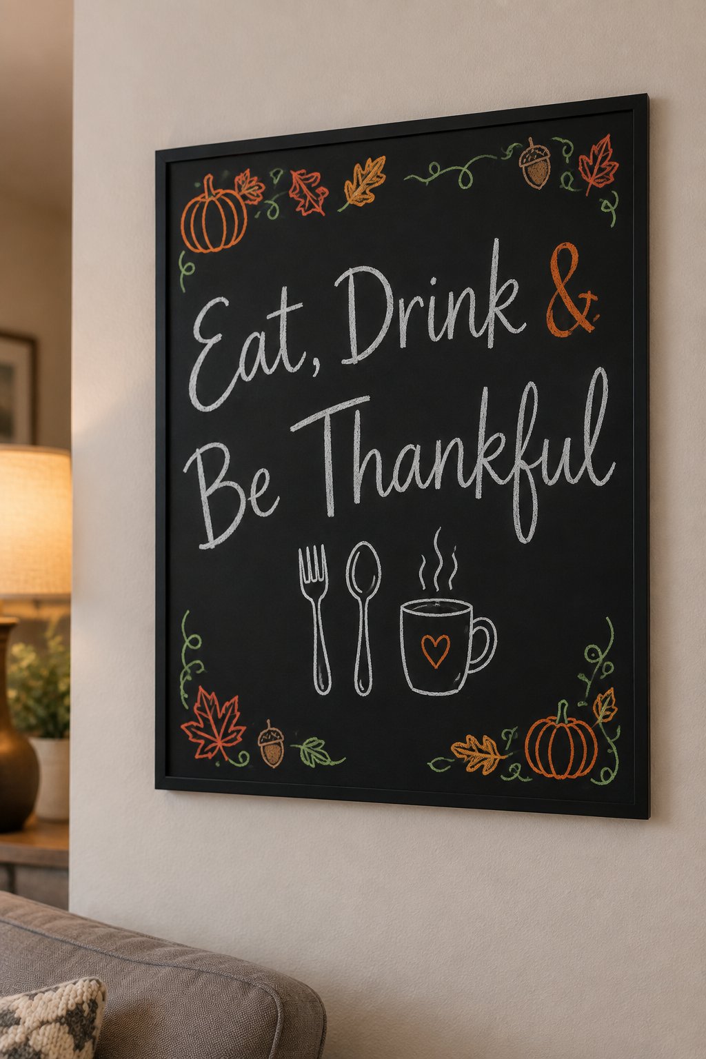Eat, Drink and Be Thankful: a framed Thanksgiving chalkboard sign reading "Eat, Drink & Be Thankful", hand-drawn in chalk with a fork, a spoon and a steaming mug.
