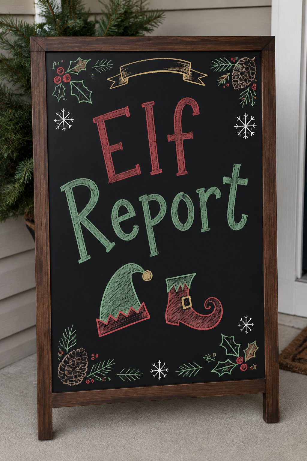 Elf Headquarters: a framed chalkboard sign reading "Elf Report", hand-drawn in chalk with a pointed elf hat and a curled shoe.