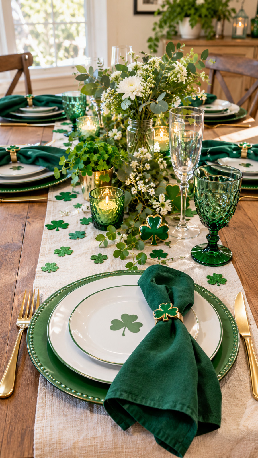 Emerald green flatware arranged beside festive St. Patrick's Day place settings on a decorated green tablescape.