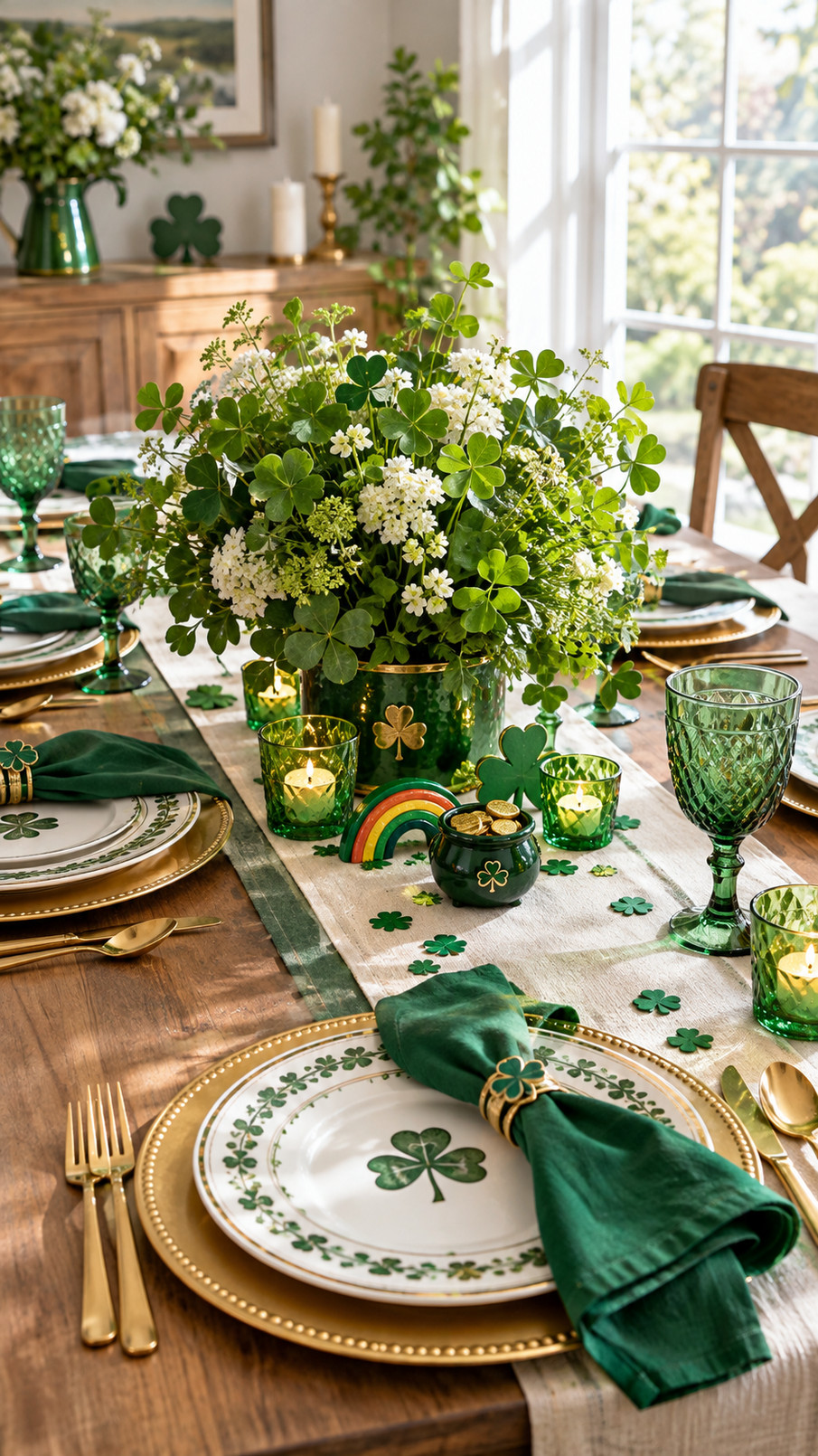 Emerald-tinted glassware arranged on a St. Patrick’s Day tablescape with shamrock decorations and gold accents.