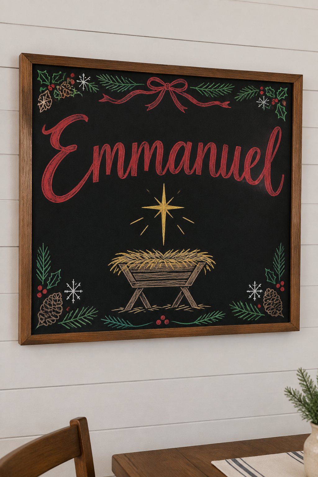 Emmanuel Manger: a framed Christmas chalkboard sign reading "Emmanuel", hand-drawn in chalk with a manger filled with hay under a star.