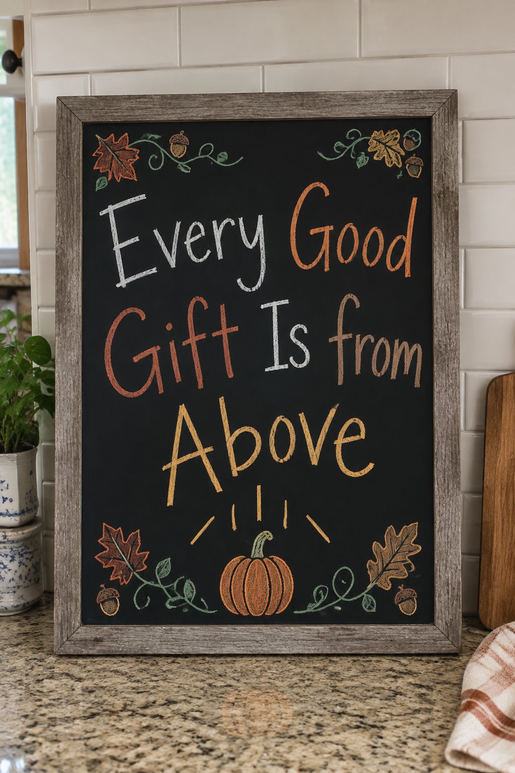 Every Good Gift: a framed chalkboard sign showing "Every Good Gift Is from Above", hand-drawn in fall chalk colors, with a few sun rays drawn shining down on a small pumpkin.