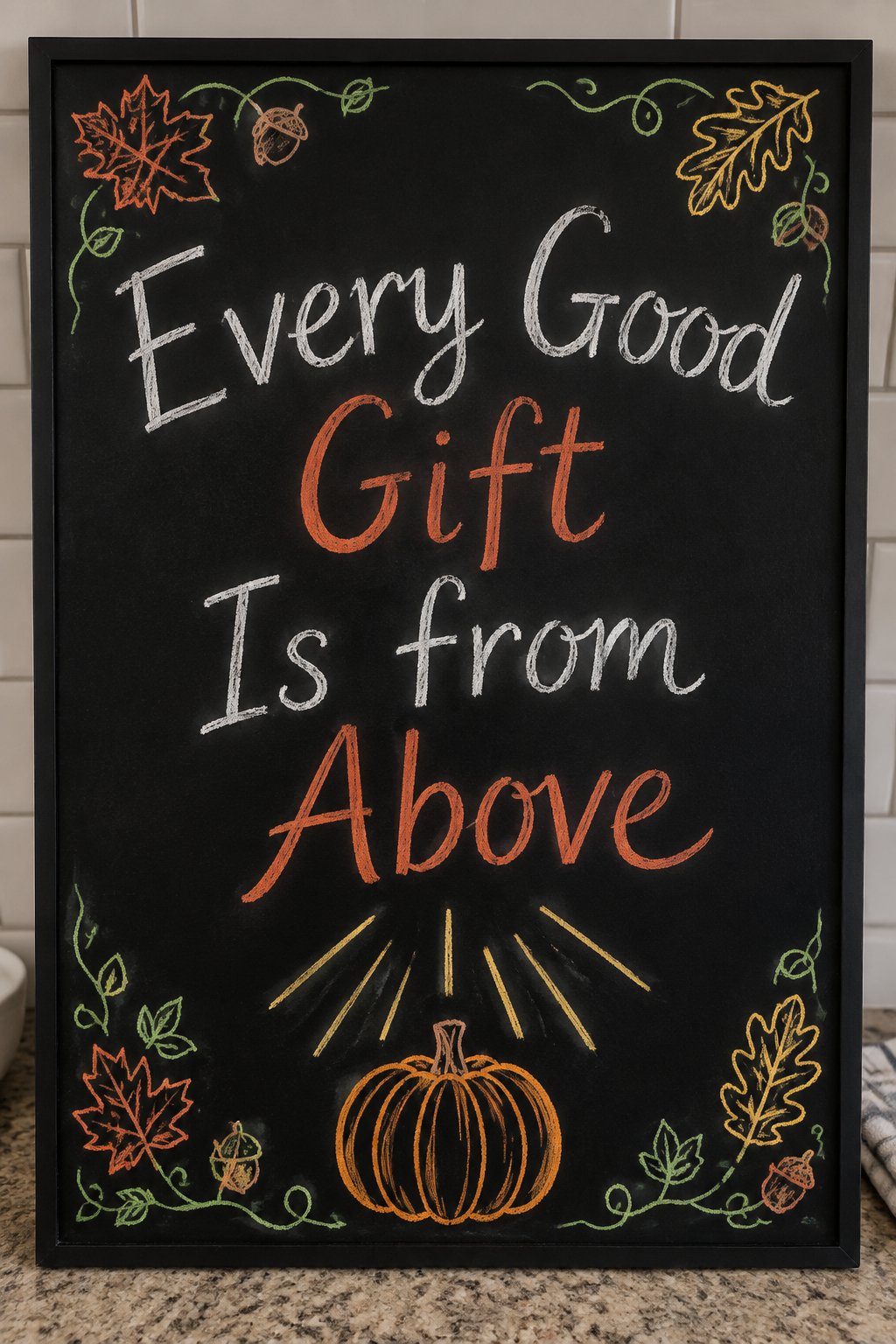 Every Good Gift: a framed Thanksgiving chalkboard sign reading "Every Good Gift Is from Above", hand-drawn in chalk with sun rays shining down on a pumpkin.