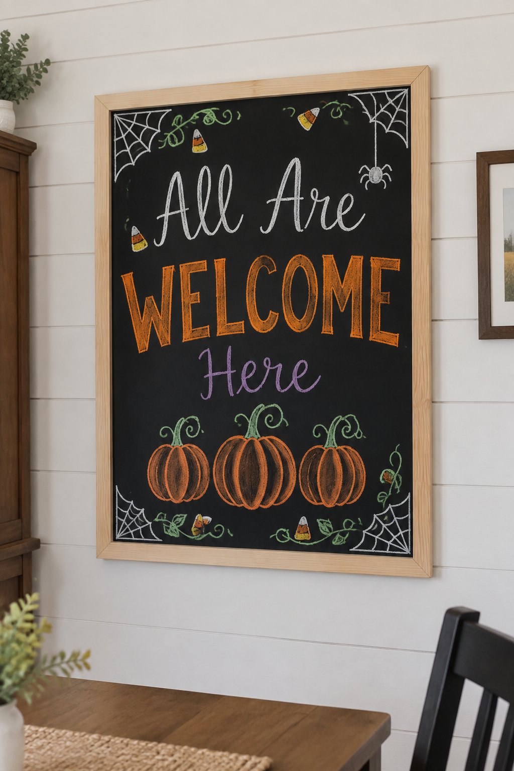 Every Pumpkin Welcome: a framed Halloween chalkboard sign reading "All Are Welcome Here", hand-drawn in chalk with a row of three plump pumpkins with curly green stems.