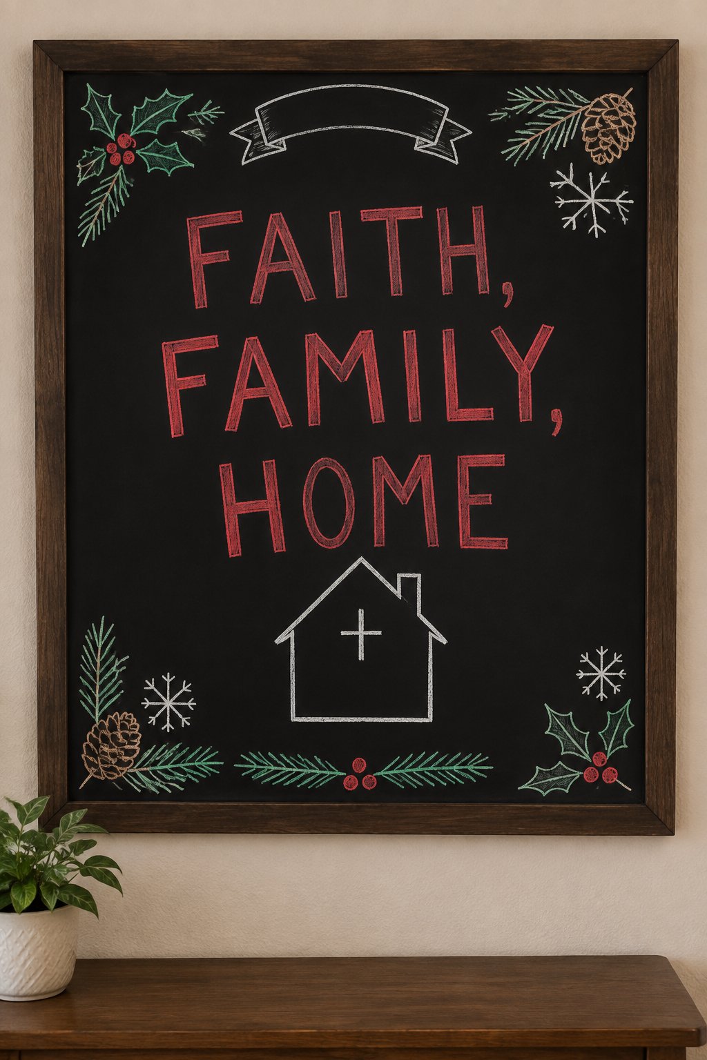 Faith Family Home: a framed December chalkboard sign reading "Faith, Family, Home", hand-drawn in chalk with a simple house outline with a small cross-shaped window.