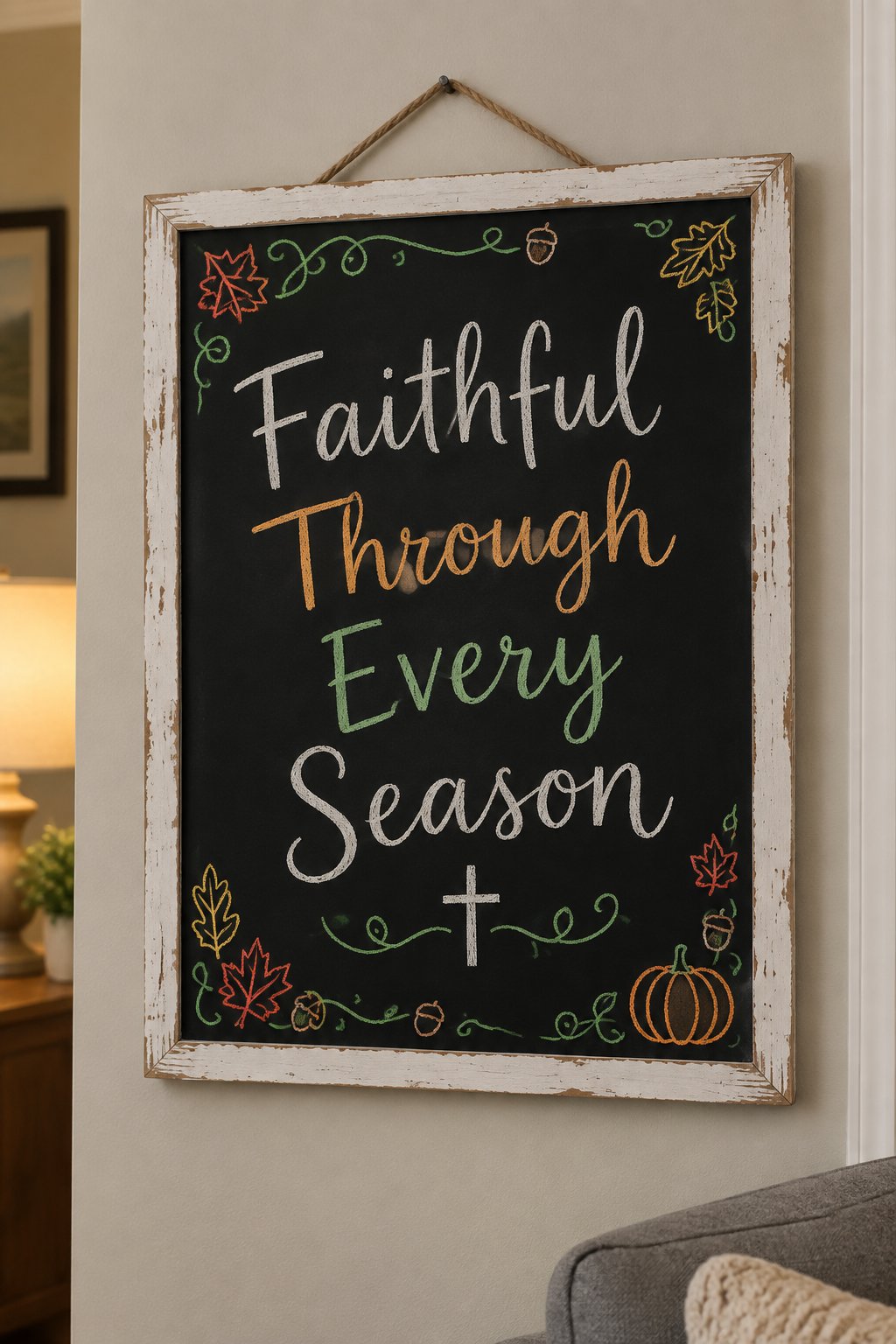Faithful Through Every Season: a framed fall chalkboard sign reading "Faithful Through Every Season", hand-drawn in chalk with a small cross with a curling vine.