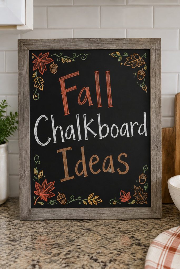 A framed chalkboard sign reading "Fall Chalkboard Ideas", hand-drawn in fall chalk colors.