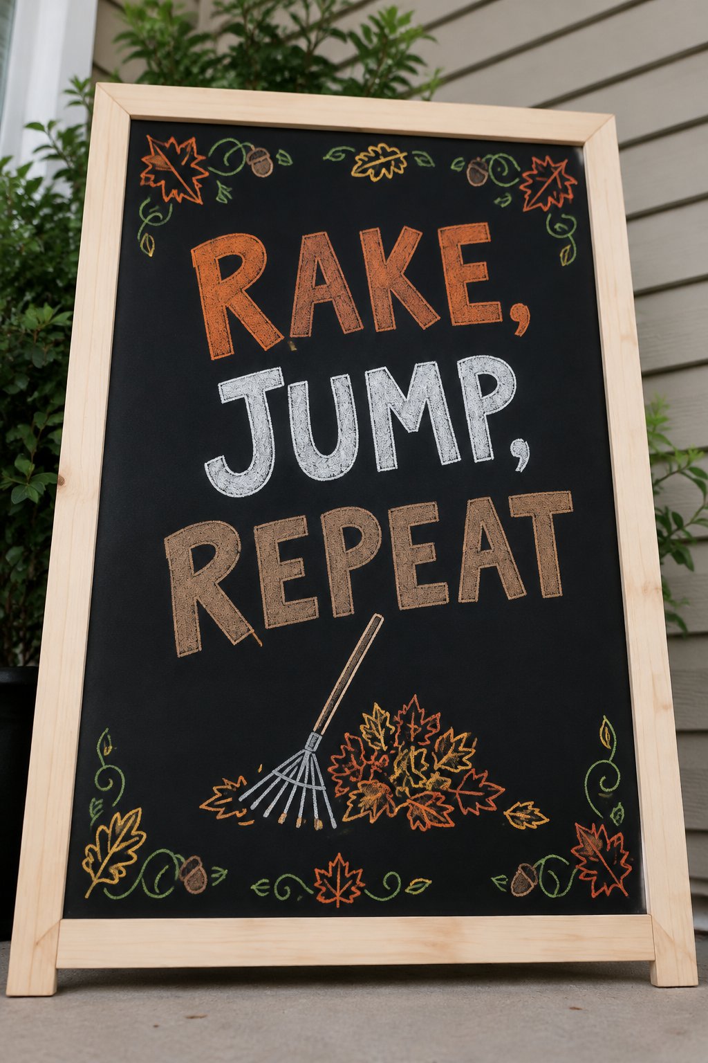 Fall Chore Chart: a framed fall chalkboard sign reading "Rake, Jump, Repeat", hand-drawn in chalk with a small rake leaning against a pile of leaves.