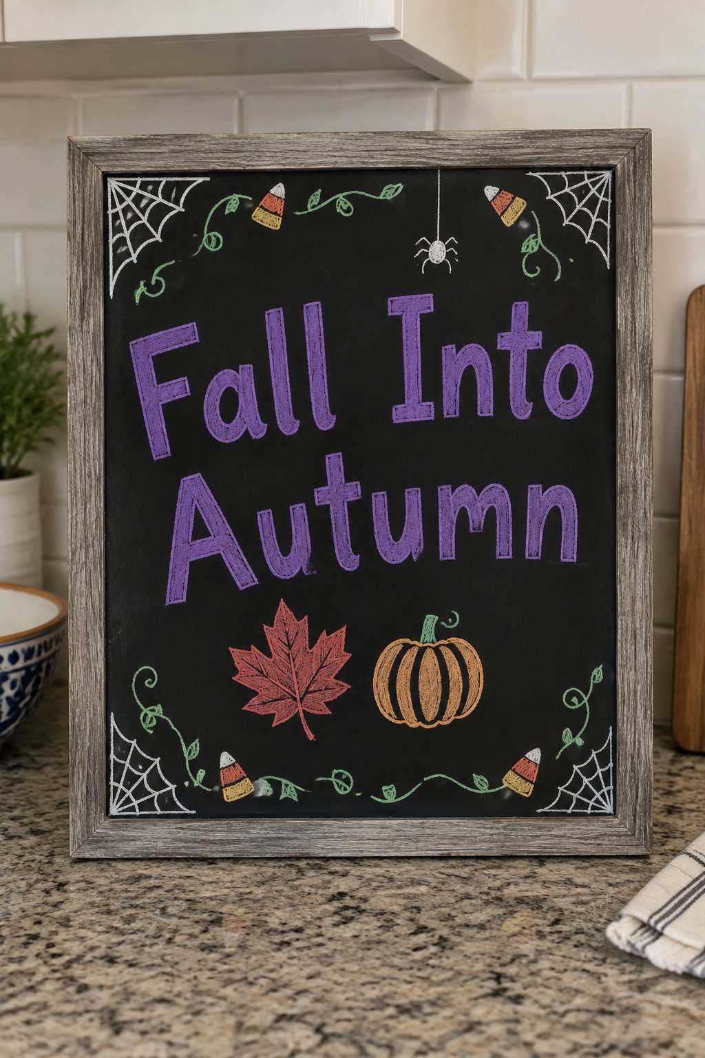 Fall Into Autumn: a framed Halloween chalkboard sign reading "Fall Into Autumn", hand-drawn in chalk with a maple leaf and a small pumpkin side by side.