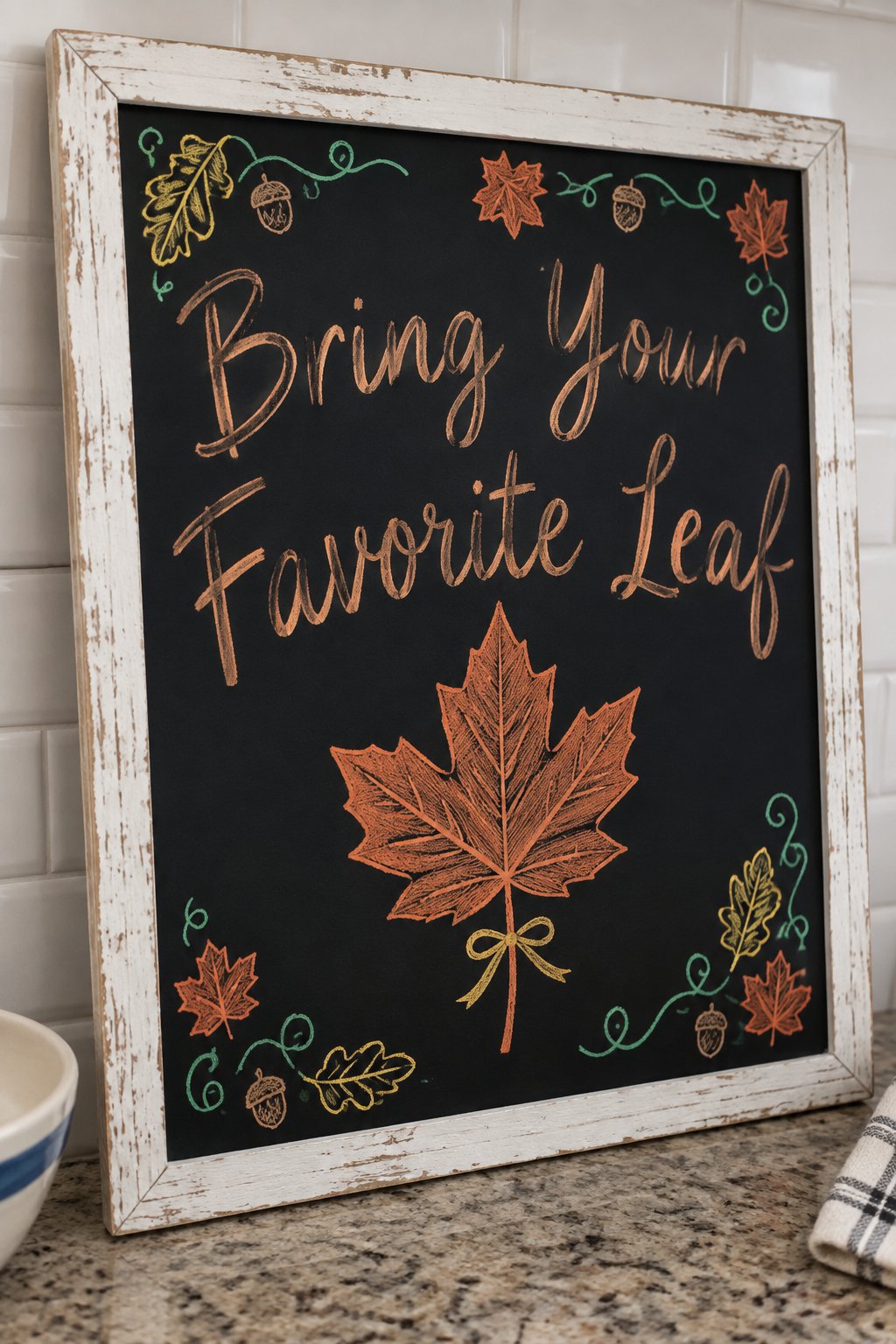 Fall Show and Tell Board: a framed fall chalkboard sign reading "Bring Your Favorite Leaf", hand-drawn in chalk with one big maple leaf with a small ribbon tied to the stem.