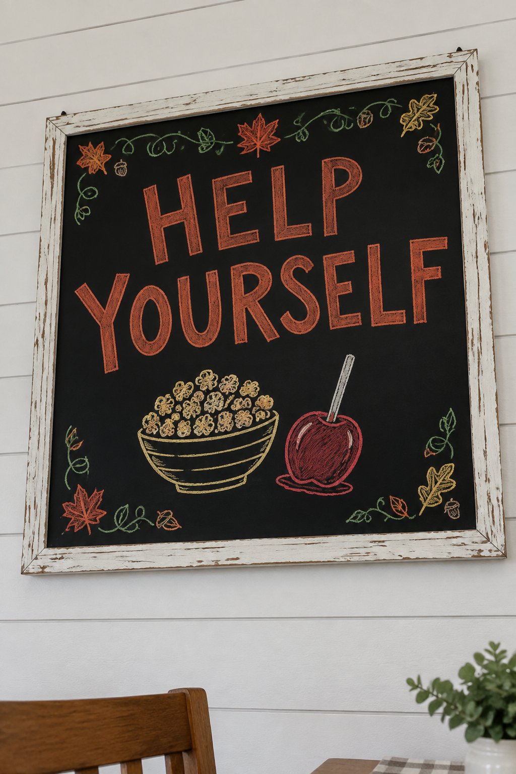 Fall Snack Board: a framed fall chalkboard sign reading "Help Yourself", hand-drawn in chalk with a bowl of caramel corn beside a candy apple.