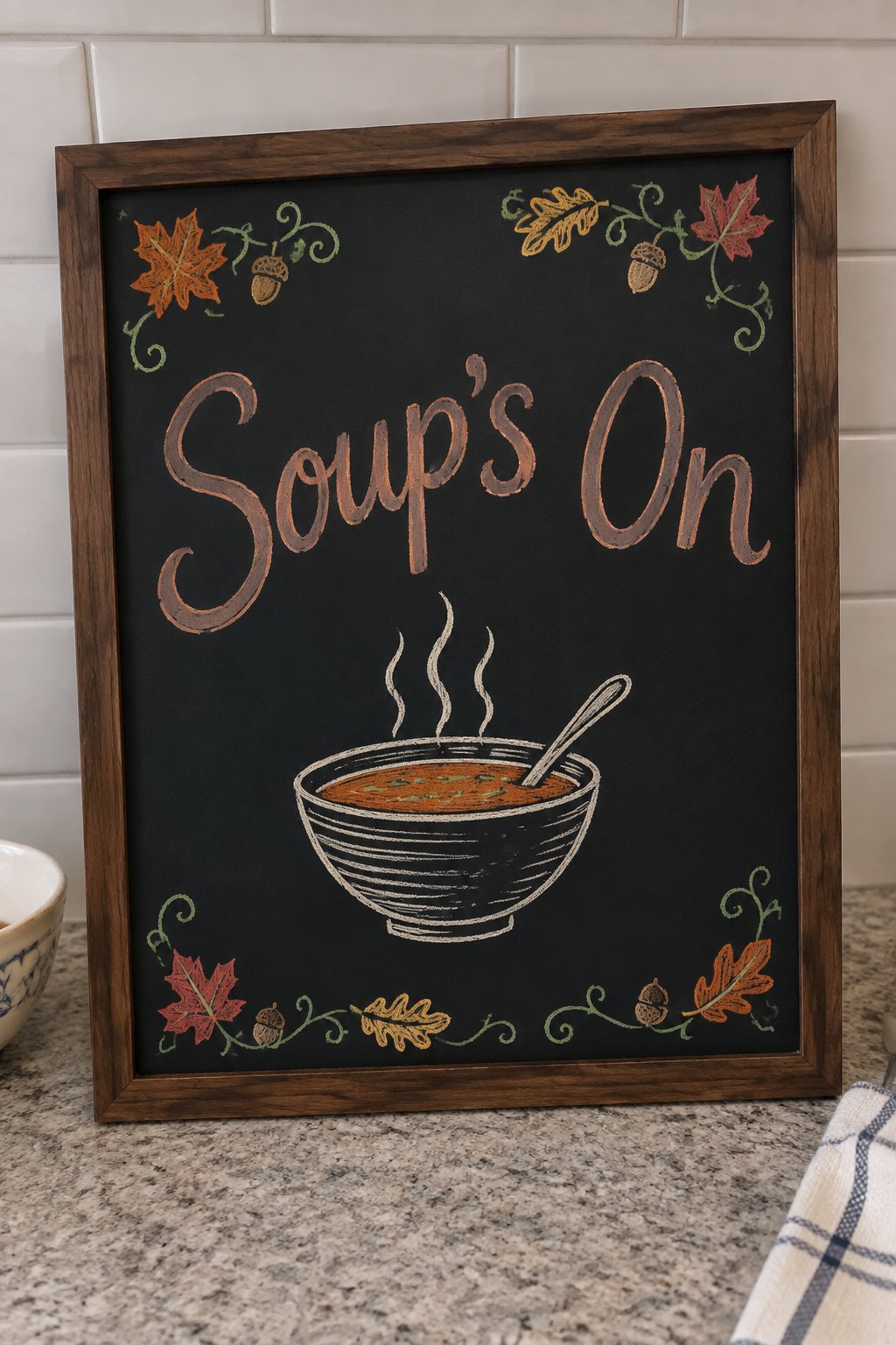 Fall Soup Menu Board: a framed fall chalkboard sign reading "Soup's On", hand-drawn in chalk with a steaming bowl of soup with a spoon.