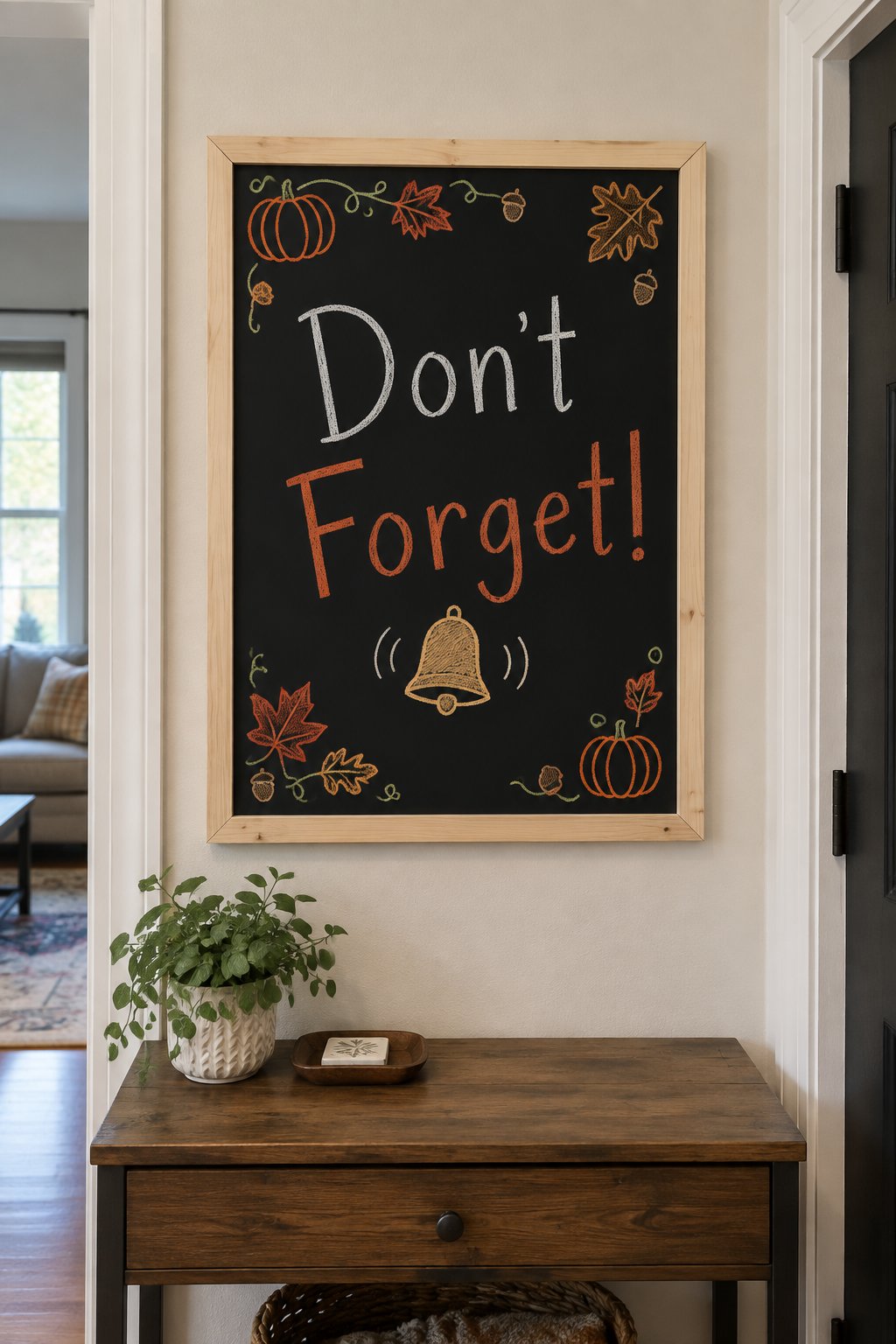 Family Calendar Reminder: a framed chalkboard sign showing "Don't Forget!", hand-drawn in fall chalk colors, with a small bell doodle with a few motion lines beside it.