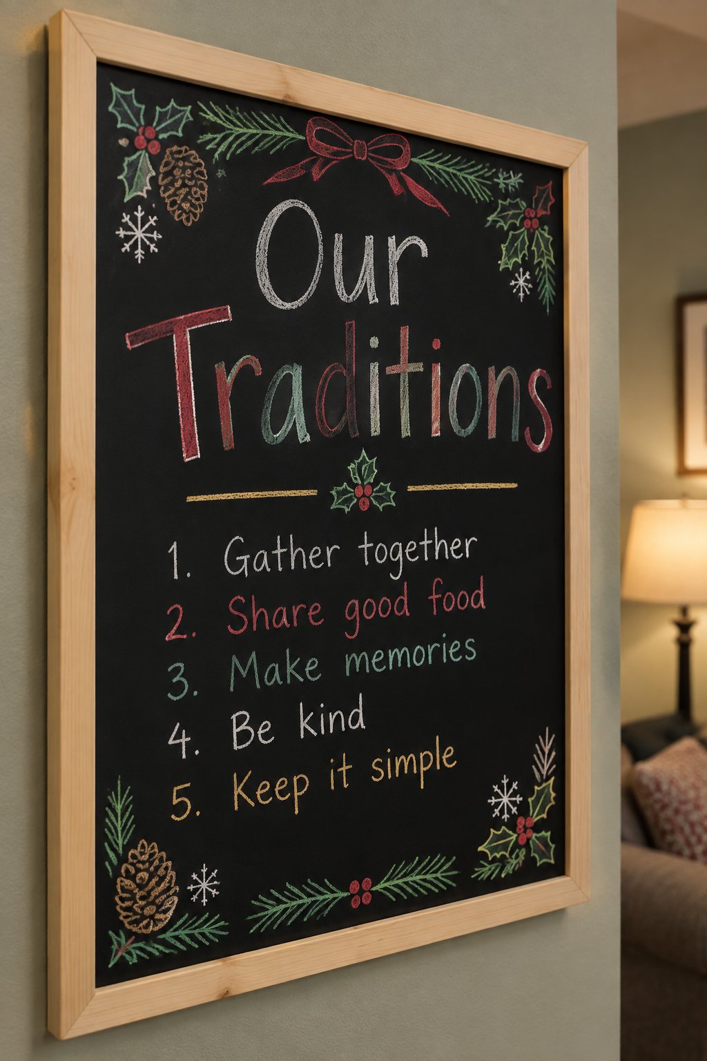 Family Christmas Traditions: a framed chalkboard sign reading "Our Traditions", hand-drawn in chalk with a numbered list of short handwritten lines.
