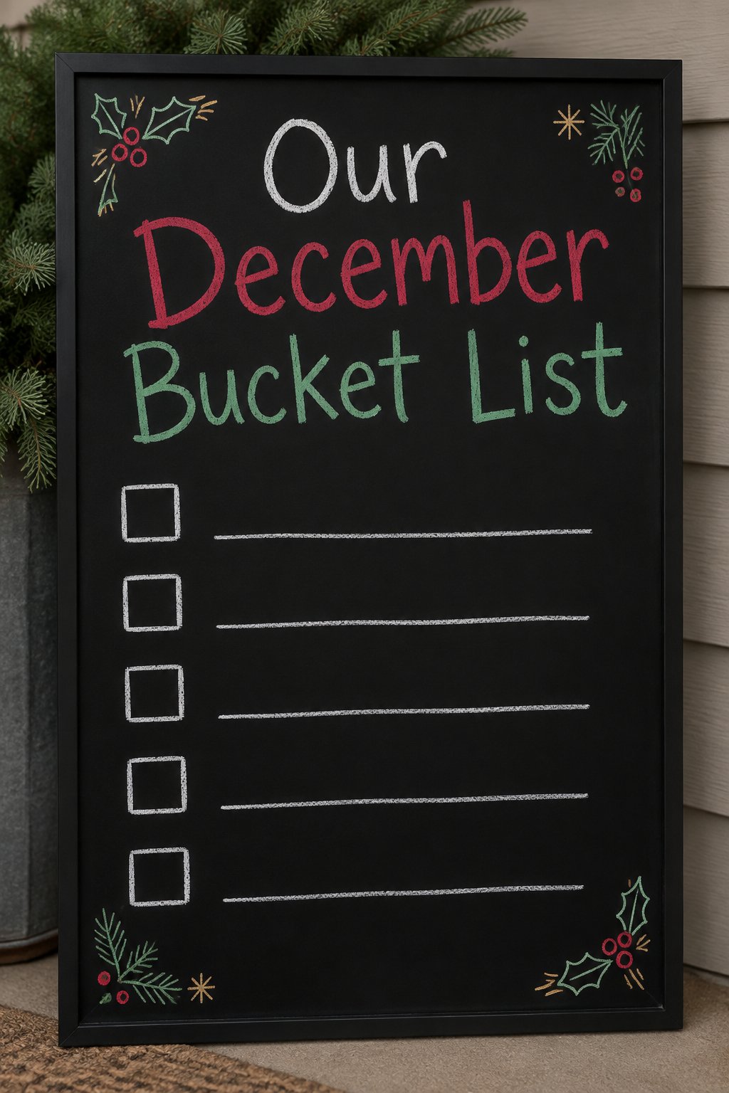 Family December Bucket List: a framed chalkboard sign showing "Our December Bucket List", hand-drawn in white, deep red, sage green and gold chalk, with five empty checkbox squares beside five blank l
