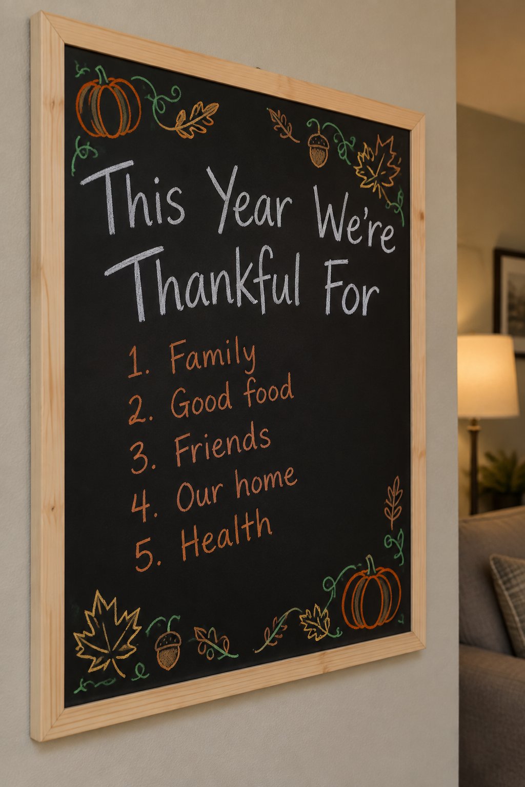 Family Gratitude List: a framed Thanksgiving chalkboard sign reading "This Year We're Thankful For", hand-drawn in chalk with a numbered list of five short handwritten lines.