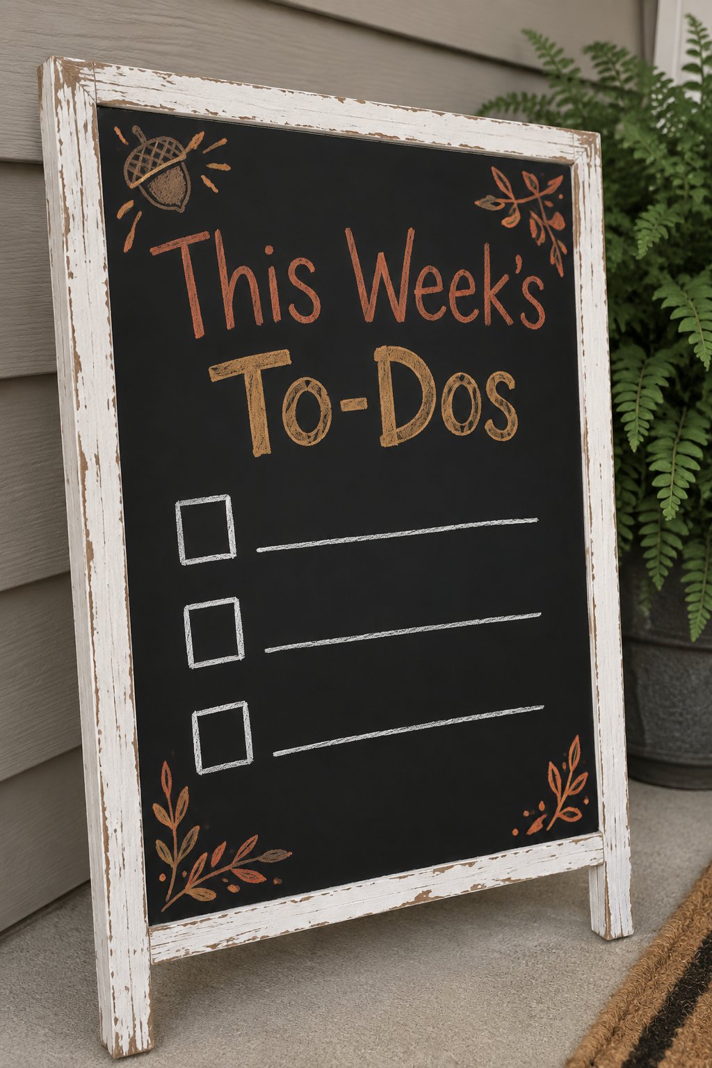 Family To-Do List: a framed chalkboard sign showing "This Week's To-Dos", hand-drawn in fall chalk colors, with three empty checkbox squares beside three blank lines.
