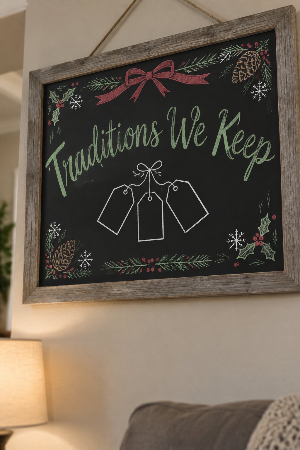 Family Traditions Board: a framed December chalkboard sign reading "Traditions We Keep", hand-drawn in chalk with three small handwritten tags tied together with string.