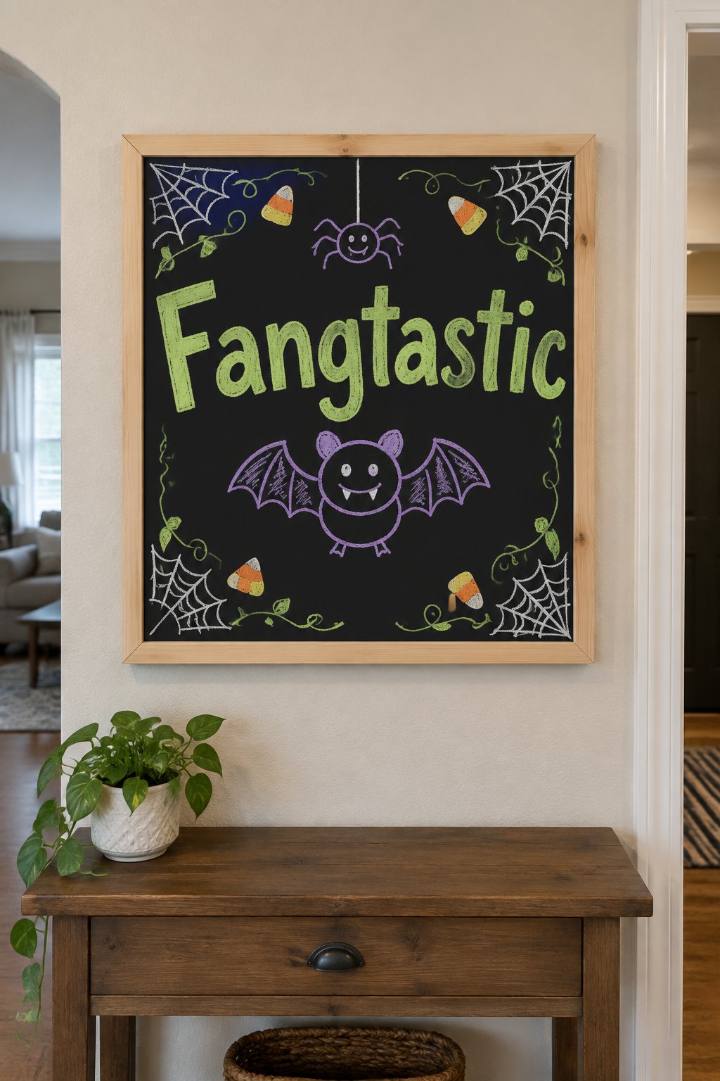 Fangtastic Halloween: a framed Halloween chalkboard sign reading "Fangtastic", hand-drawn in chalk with a friendly round bat with a big smile and small round ears.