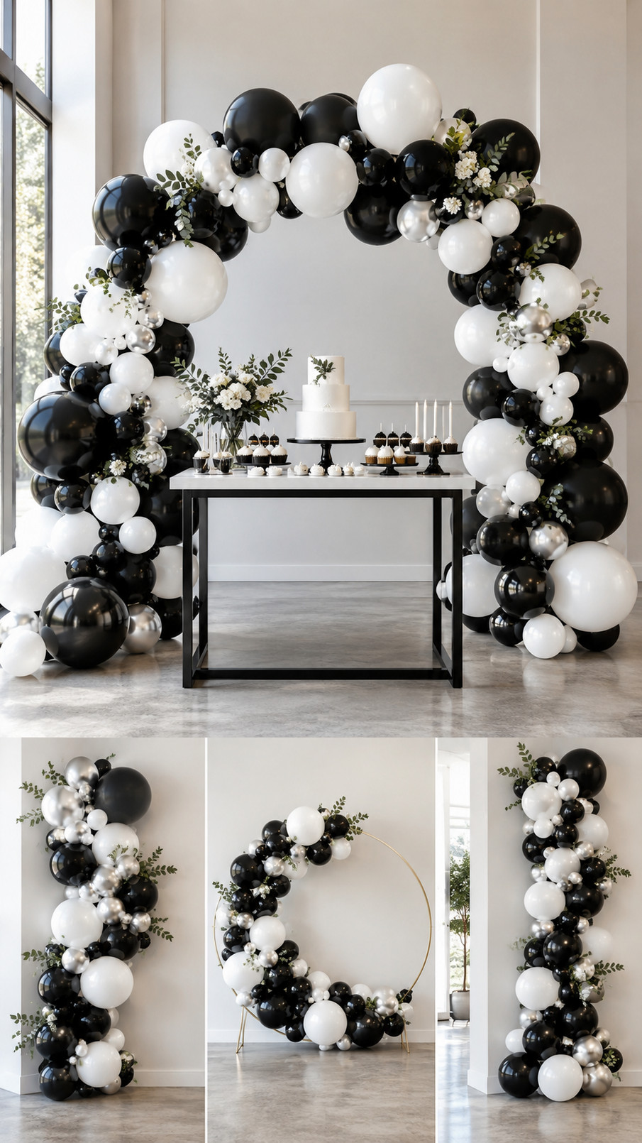 Black and white balloon arch with rounded clusters and silver accents arranged as a festive monochrome party backdrop.