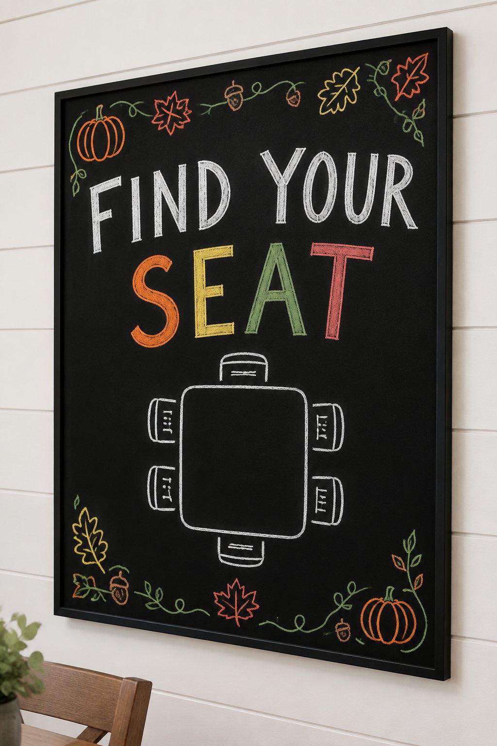 Find Your Seat: a framed Thanksgiving chalkboard sign reading "Find Your Seat", hand-drawn in chalk with a small table drawn from above with name lines at each seat.