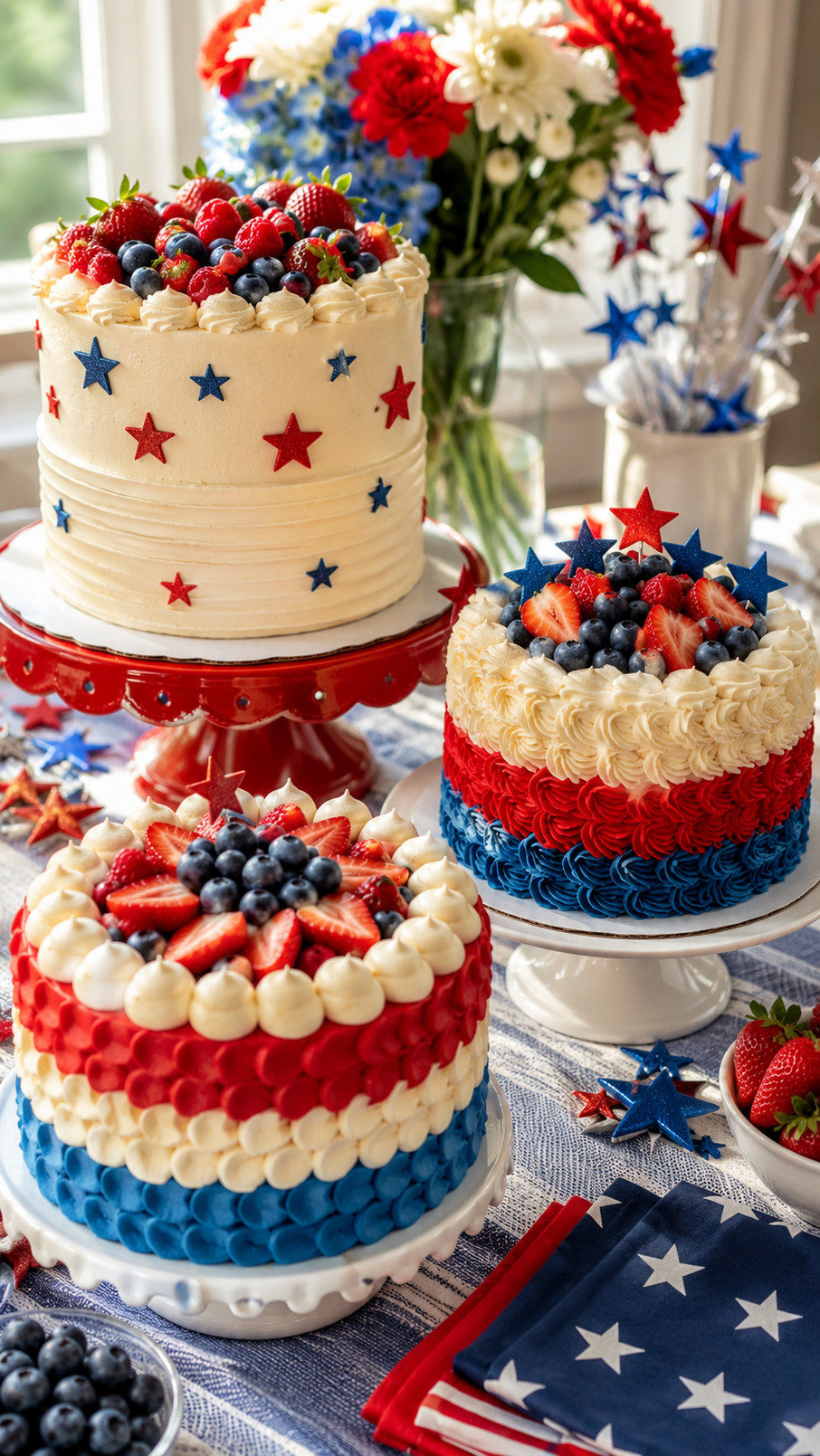 A red, white, and blue Fourth of July cake covered in buttercream rosettes, silver sprinkles, and star decorations.