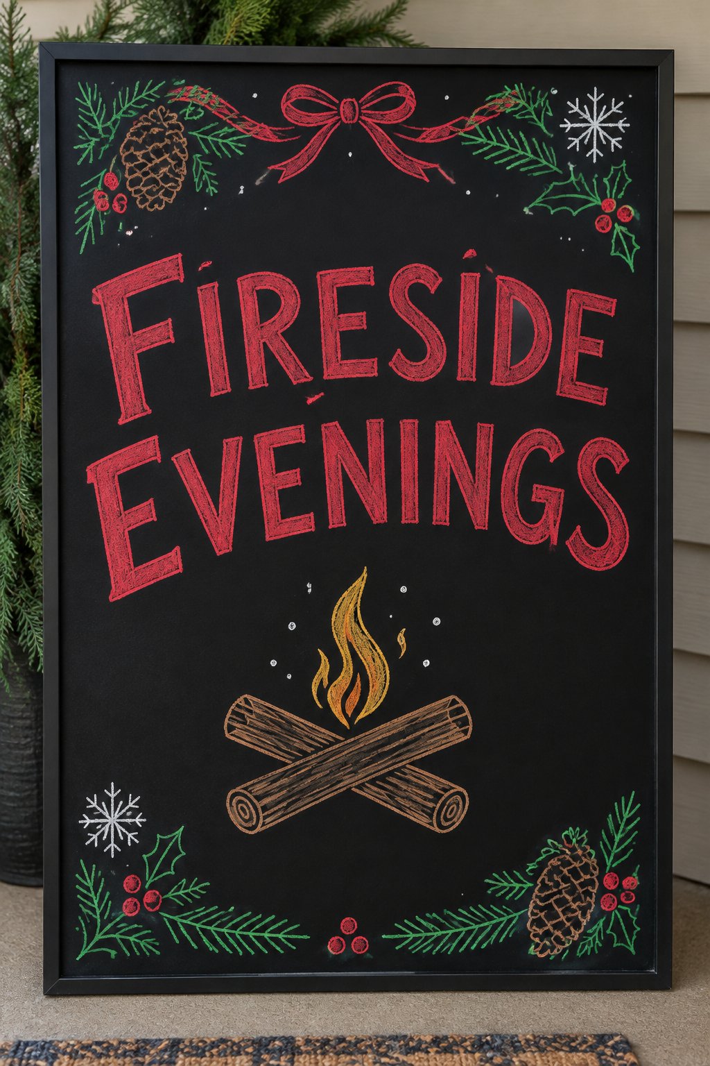 Fireside Evenings: a framed December chalkboard sign reading "Fireside Evenings", hand-drawn in chalk with two crossed logs with a small curling flame between them.