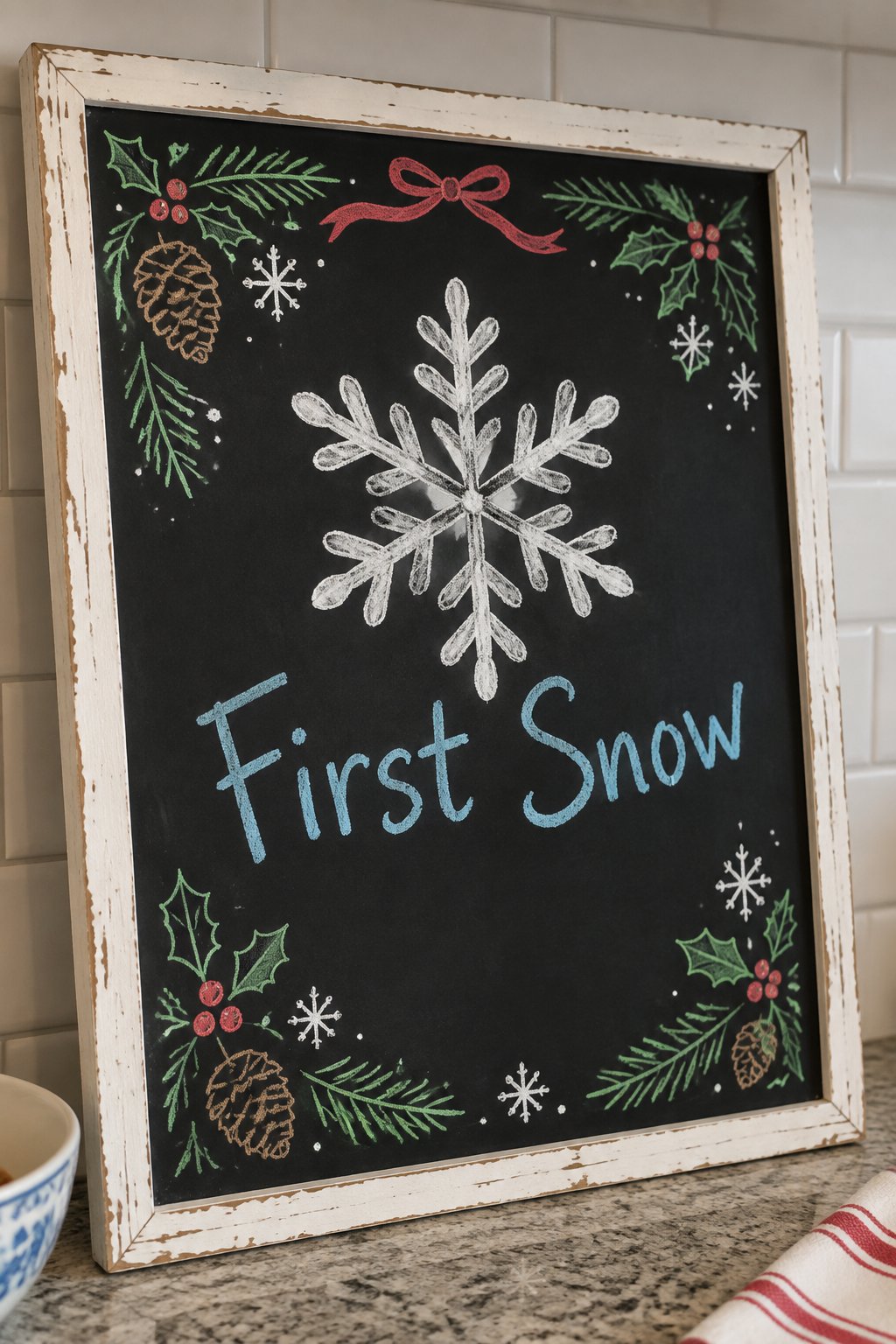 First Snow of the Year: a framed December chalkboard sign reading "First Snow", hand-drawn in chalk with one plump snowflake drawn large in the center, bigger than the words.