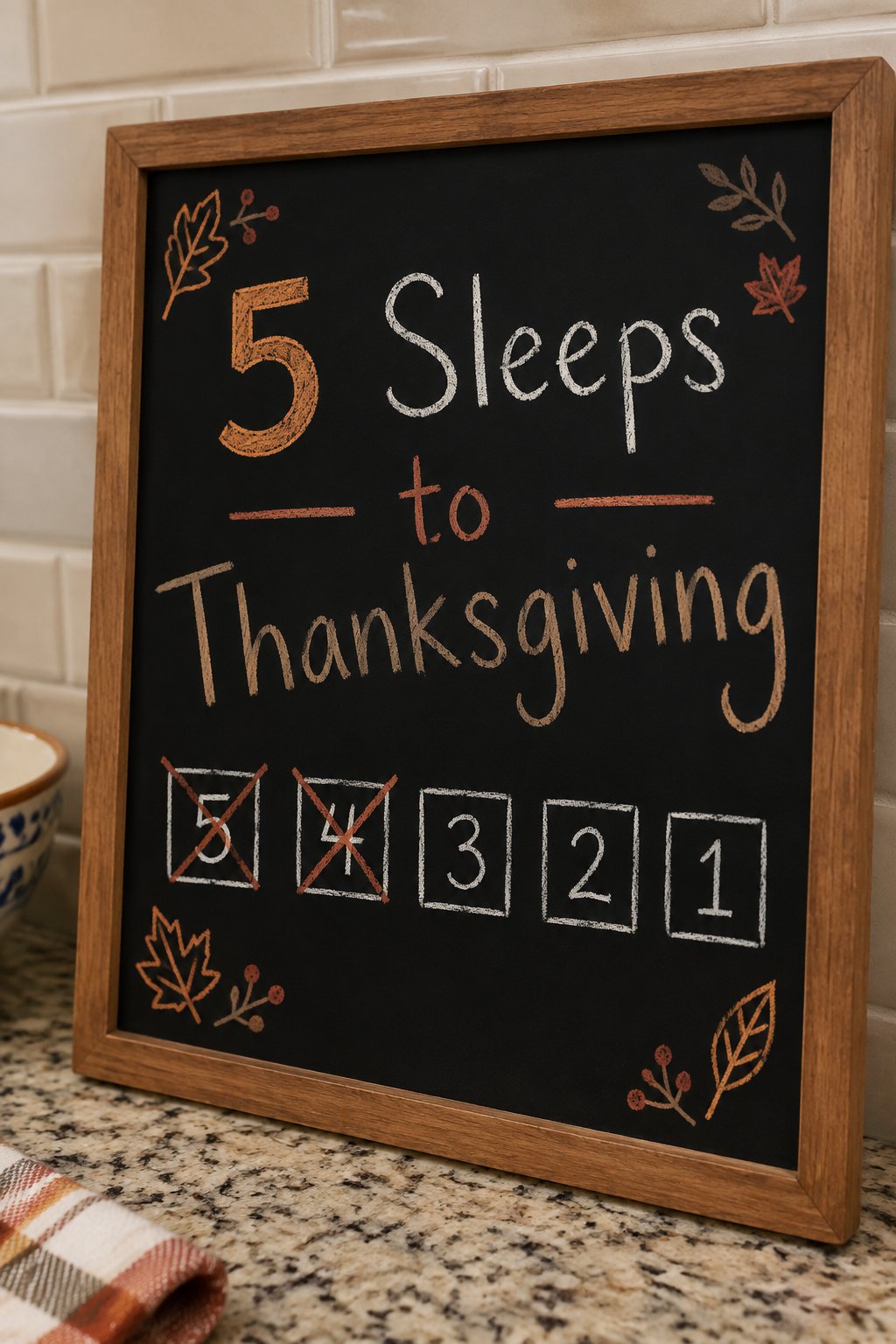 Five Sleeps to Thanksgiving: a framed chalkboard sign showing "5 Sleeps to Thanksgiving", hand-drawn in fall chalk colors, with five small numbered boxes counting down 5 4 3 2 1, with the first two cr